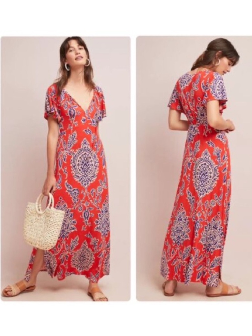 Anthropologie Akemi + Kin Correia short sleeve Red & Purple Floral maxi dres
